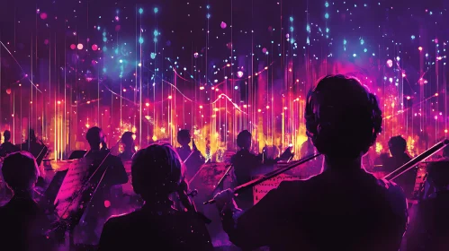 Orchestra Silhouettes in Colorful Neon Abstract