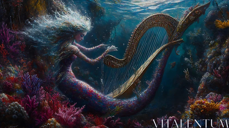 Fantasy Mermaid Playing Harp in Colorful Coral Reef AI Image