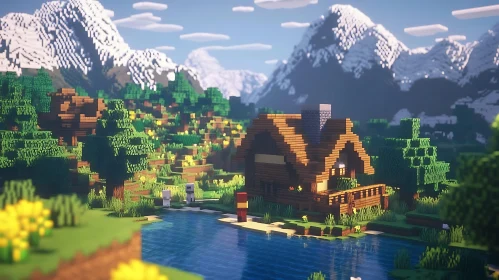 Pixelated Cabin by River in Video Game Mountainscape