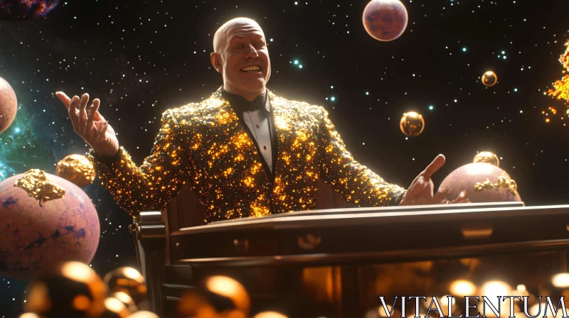 Man in Glittery Suit Amidst Planets AI Image