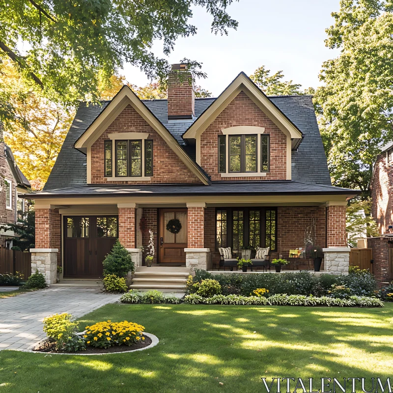 Beautiful Brick Home with Gabled Roof and Porch AI Image