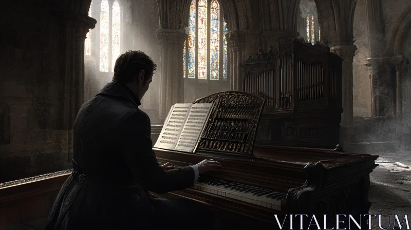 Vintage Pianist in Majestic Cathedral AI Image