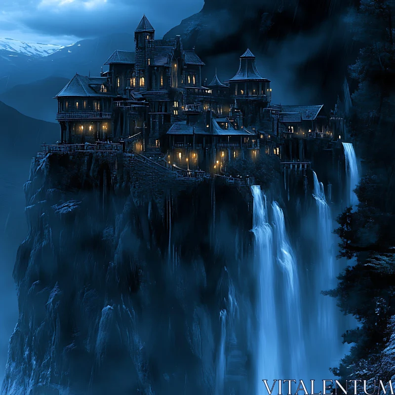 AI ART Enigmatic Illuminated Castle on Misty Cliff