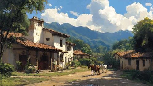 Rustic Village Landscape with Mountain Background