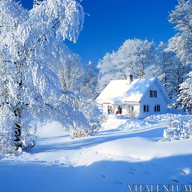 Peaceful Snow-Covered Cottage in Winter Landscape AI Image