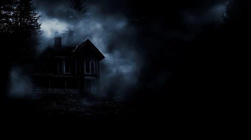 Mysterious Fog-Enshrouded House at Night