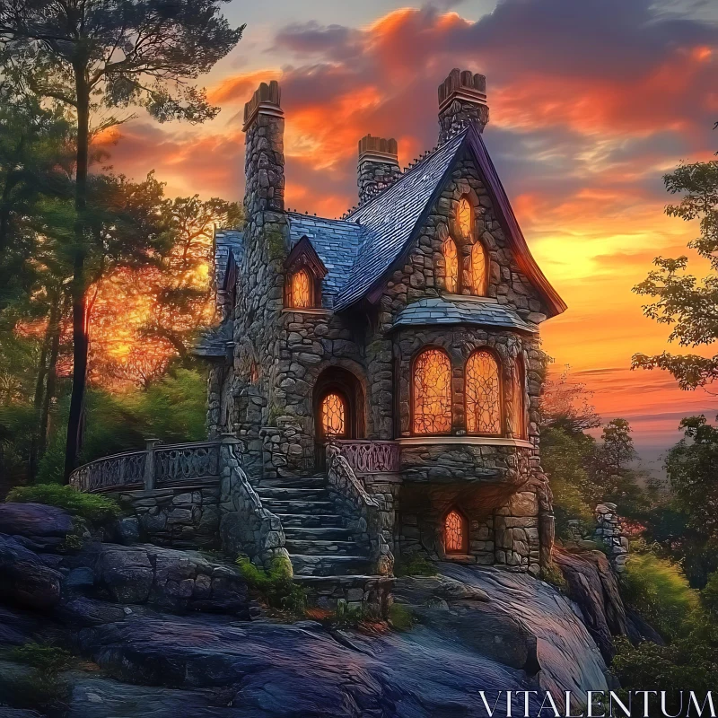 Mystical Stone Mansion in Sunset Forest AI Image