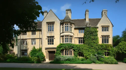 Grand Stone Mansion with Ivy and Garden