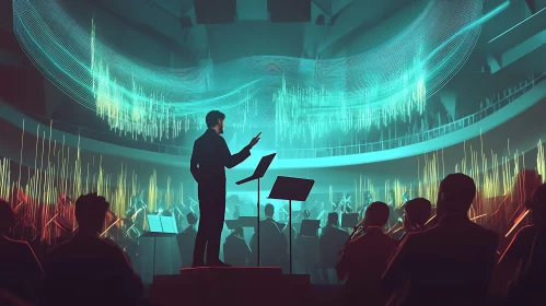 Conductor Leading Orchestra in Illuminated Concert