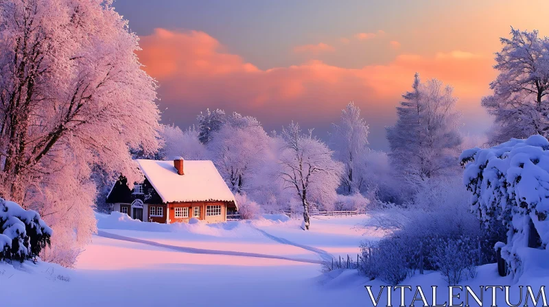 Snowy Cottage at Dusk in Winter Wonderland AI Image