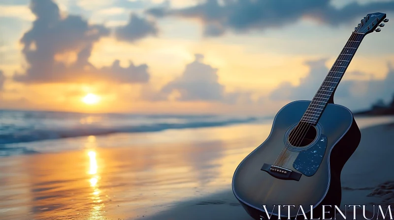 Peaceful Beach Sunset with Guitar AI Image