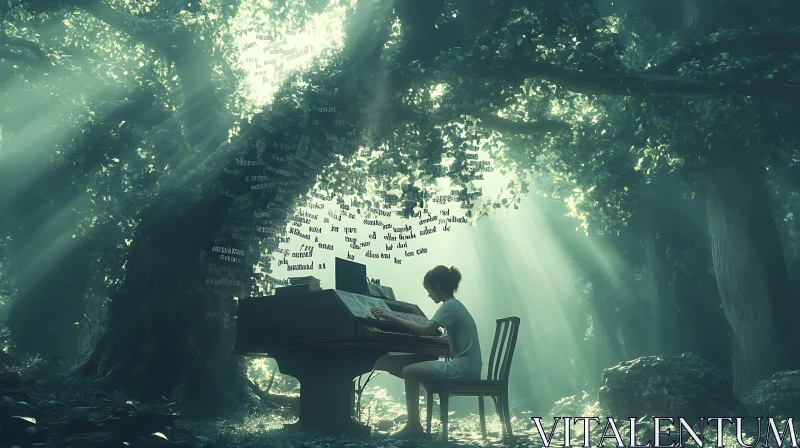 Enchanted Forest with Grand Piano and Child AI Image