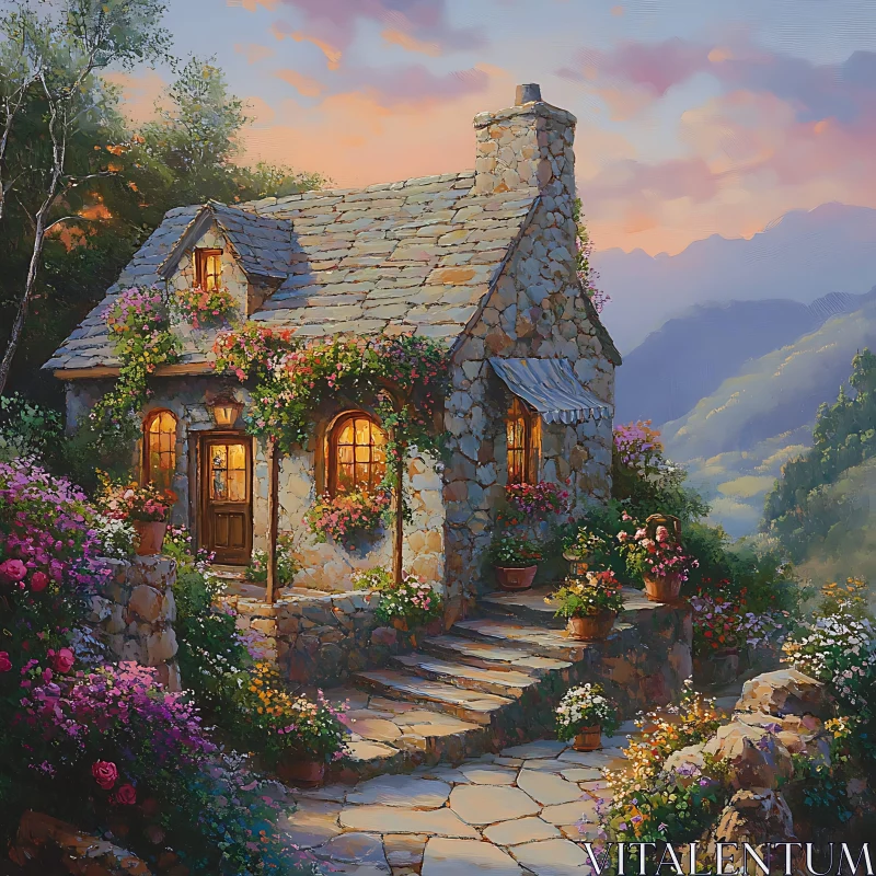 Cozy Cottage in Flower Garden at Dusk AI Image