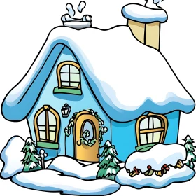 Festive Cartoon Cottage in Winter Wonderland