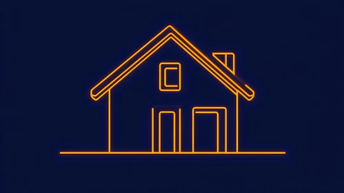 Bright Orange Neon House on Dark Blue Background