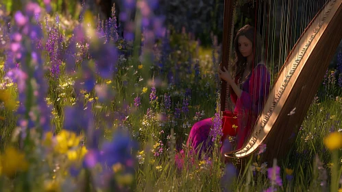 Serene Harpist in a Vibrant Meadow