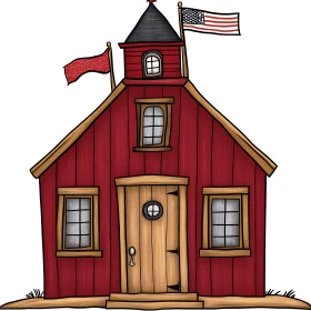 Illustrated Red Schoolhouse with Flags