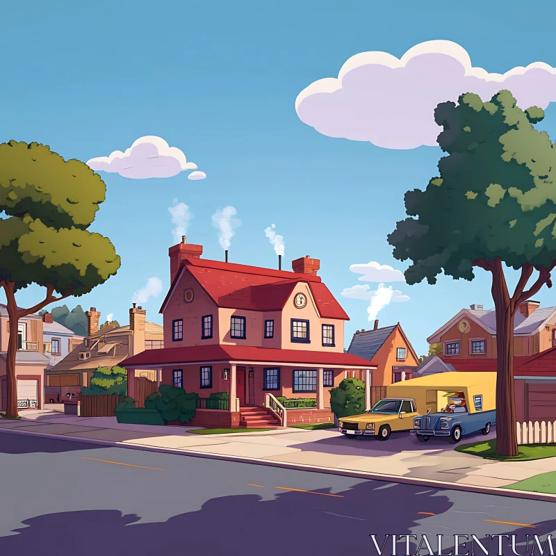 Animated Neighborhood Scene with Vibrant Red House AI Image