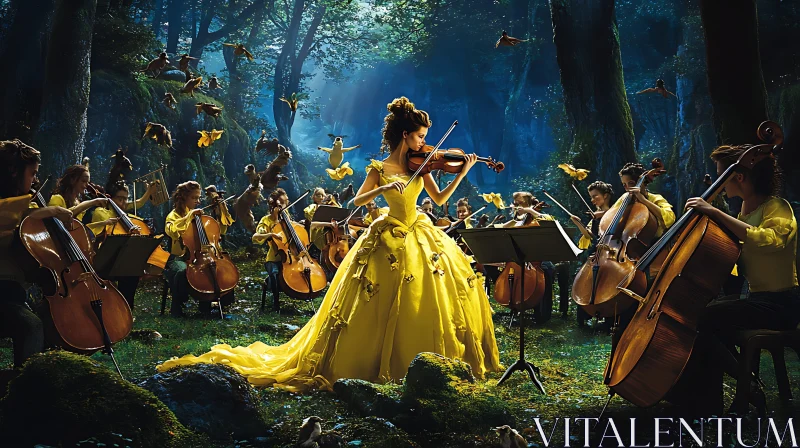 Violinist in Yellow Dress Leading Forest Orchestra AI Image