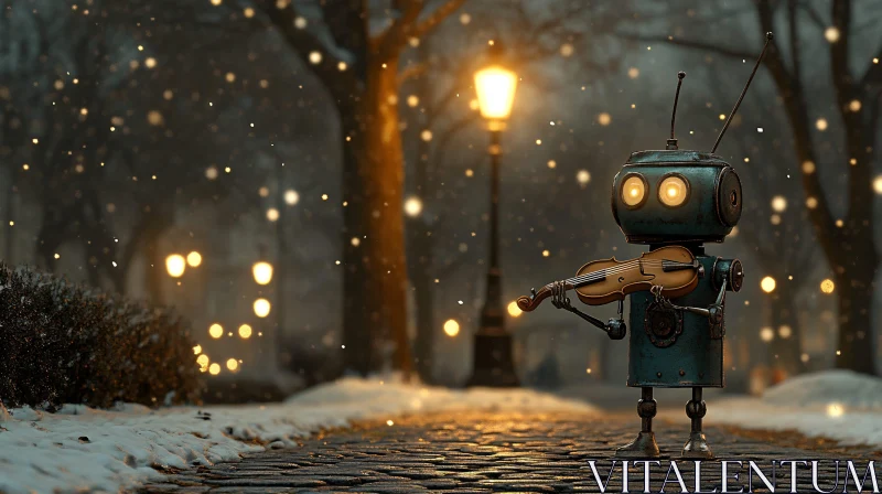 Serene Robot Violinist in Snow AI Image