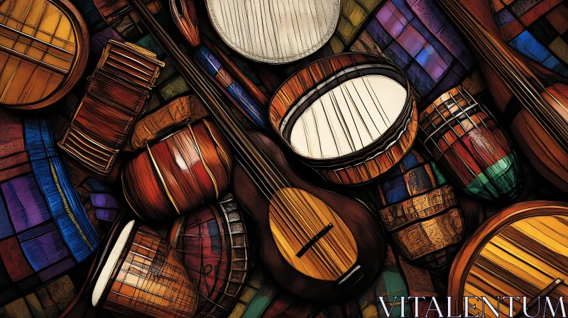 Colorful Mosaic of Musical Instruments and Drums AI Image