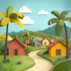 Vibrant Tropical Village Illustration