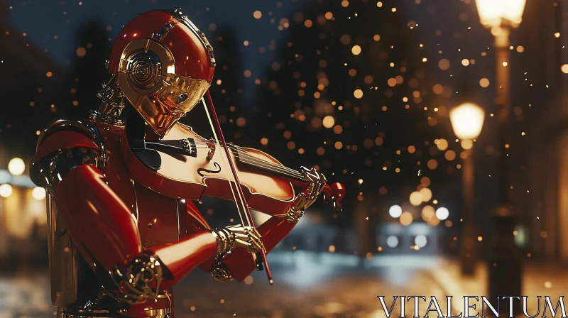 Automaton Playing Violin under Street Lamps AI Image