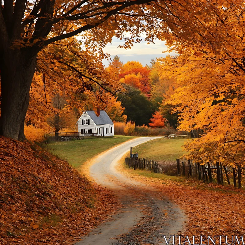 Charming Rural Cottage Surrounded by Colorful Fall Leaves AI Image