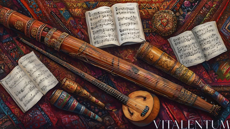 Decorative Musical Instruments on Patterned Fabric AI Image