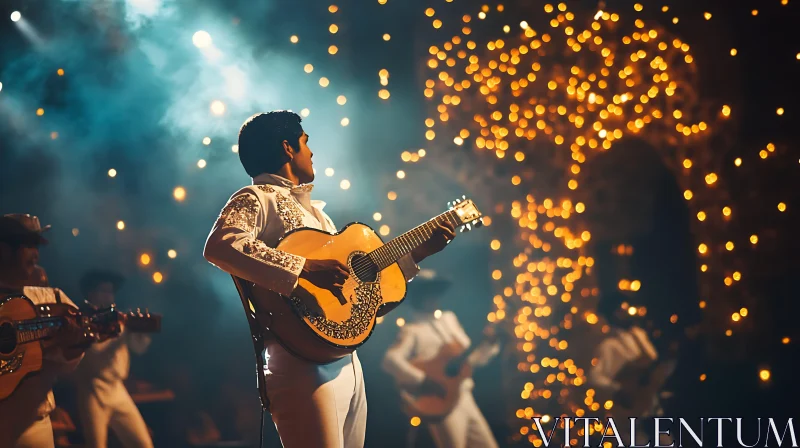 Guitar Performance Under Warm Festive Lights AI Image