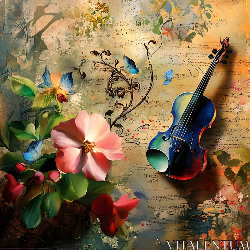 Vibrant Violin with Floral and Musical Elements AI Image