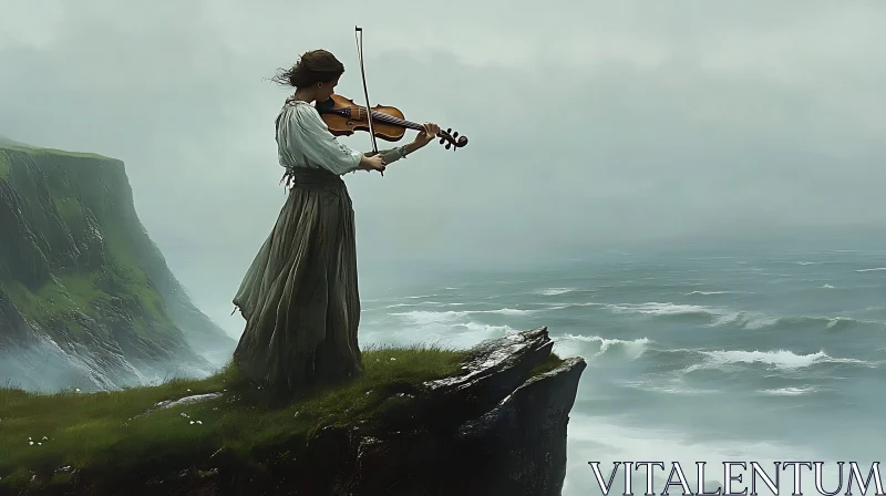 Violinist on a Misty Cliff AI Image