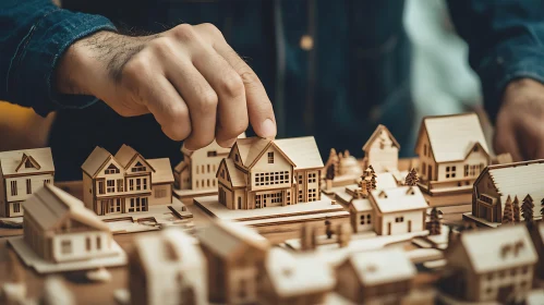 Artistic Wooden House Models Being Arranged