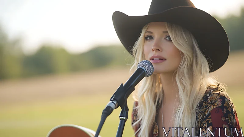 Blonde Woman Singing Outdoor in Black Hat AI Image