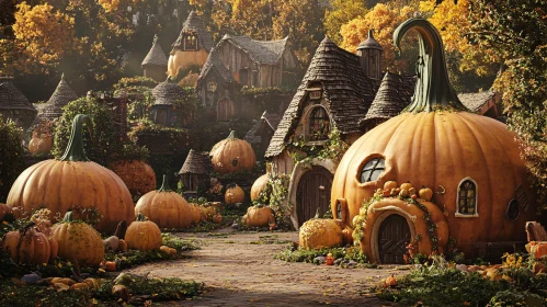 Magical Pumpkin House Village with Autumn Foliage