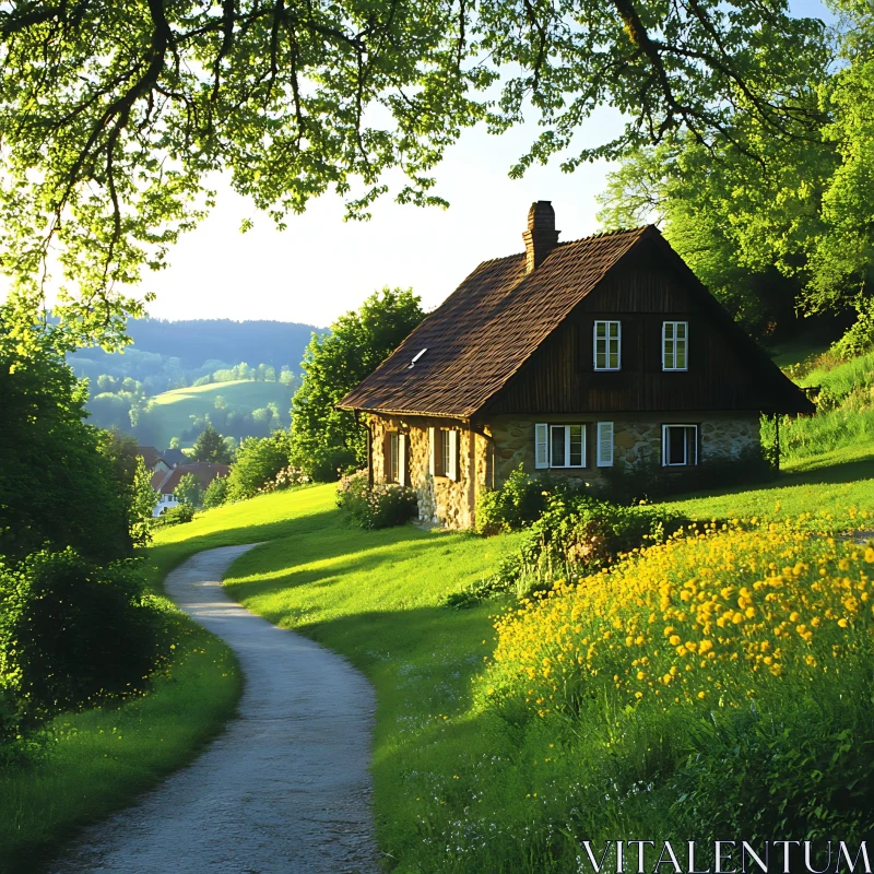 Serene Countryside Cottage with Winding Path AI Image