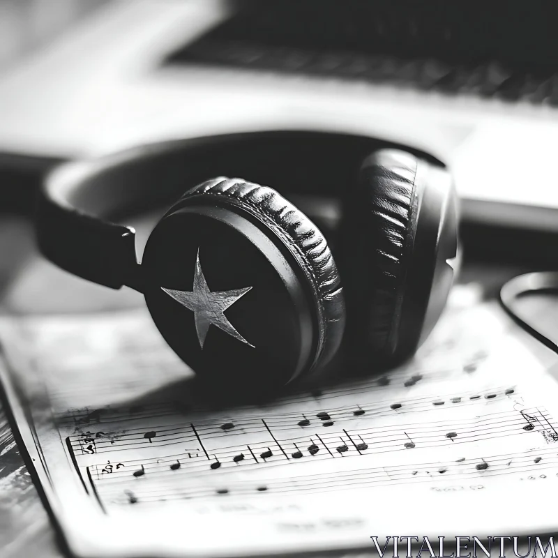 Black and White Headphones with Sheet Music AI Image