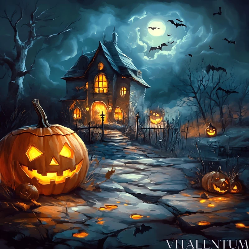 AI ART Haunting Halloween Night with Creepy House and Bats