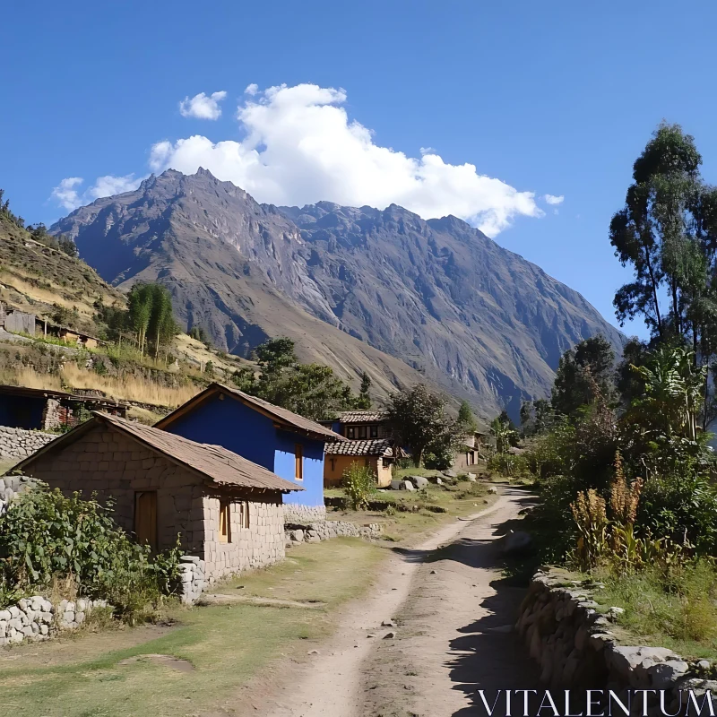 Peaceful Mountain Village Scene AI Image