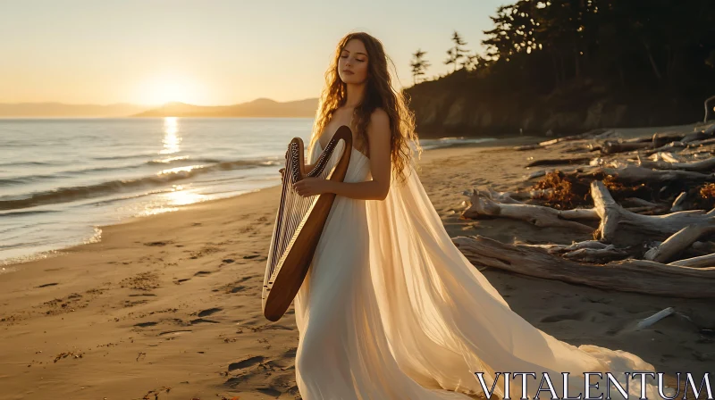 Harpist at Sunset Beach AI Image