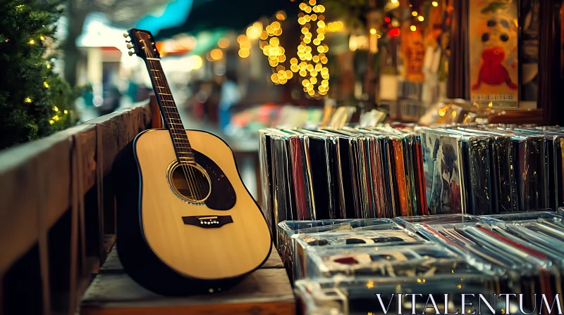 Music Corner: Guitar and Vinyl Records AI Image