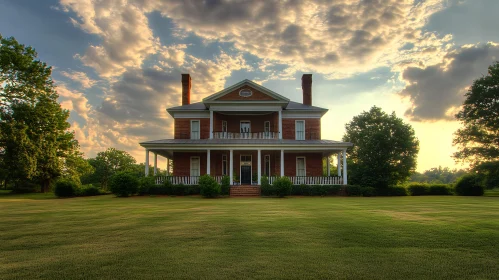 Charming Two-Story Brick House Against a Sunset Sky