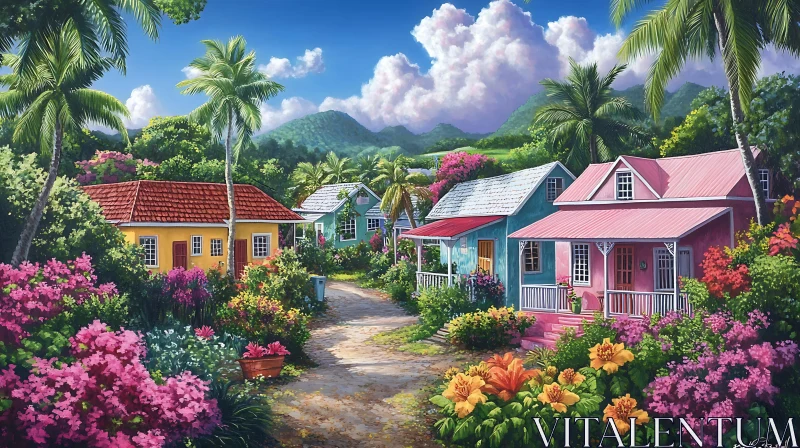 AI ART Vibrant Tropical Houses Surrounded by Flowers and Palm Trees