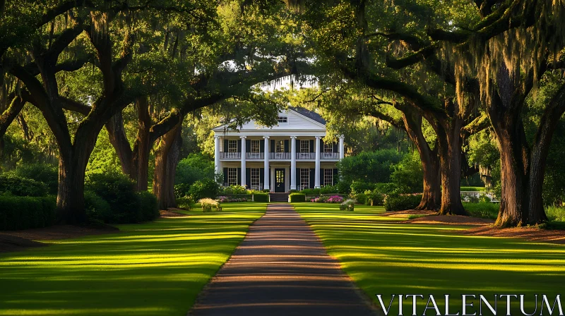 AI ART Grand Mansion with Tree-Lined Pathway