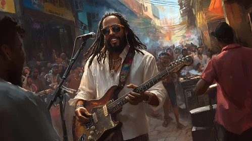 Lively Street Music Scene with Guitarist