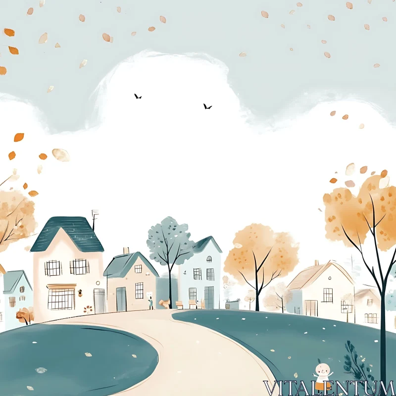 Pastel-Colored Houses in Autumn Scene AI Image