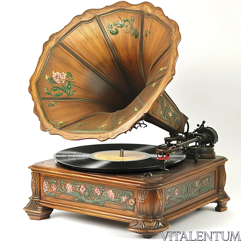 Antique Phonograph with Intricate Woodwork and Floral Details AI Image