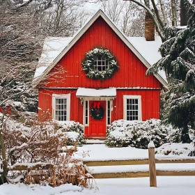 Festive Red House in Winter Snow