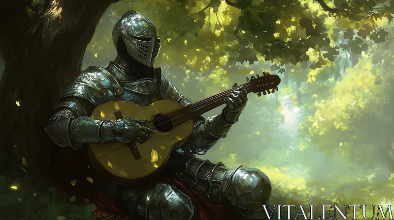 Armored Knight with Guitar in Forest AI Image