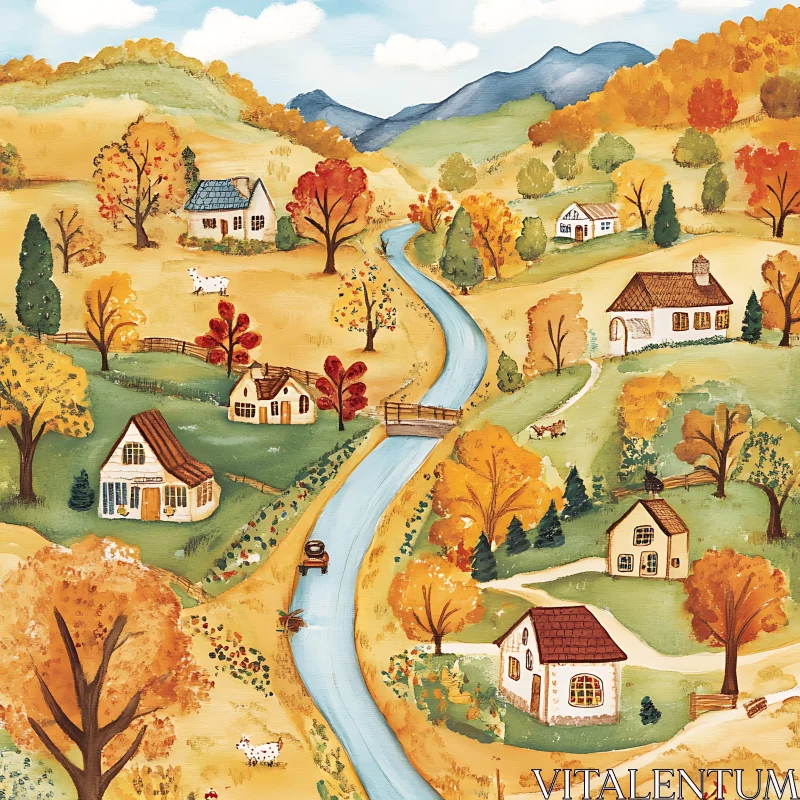 Charming Autumn Village with River and Houses AI Image